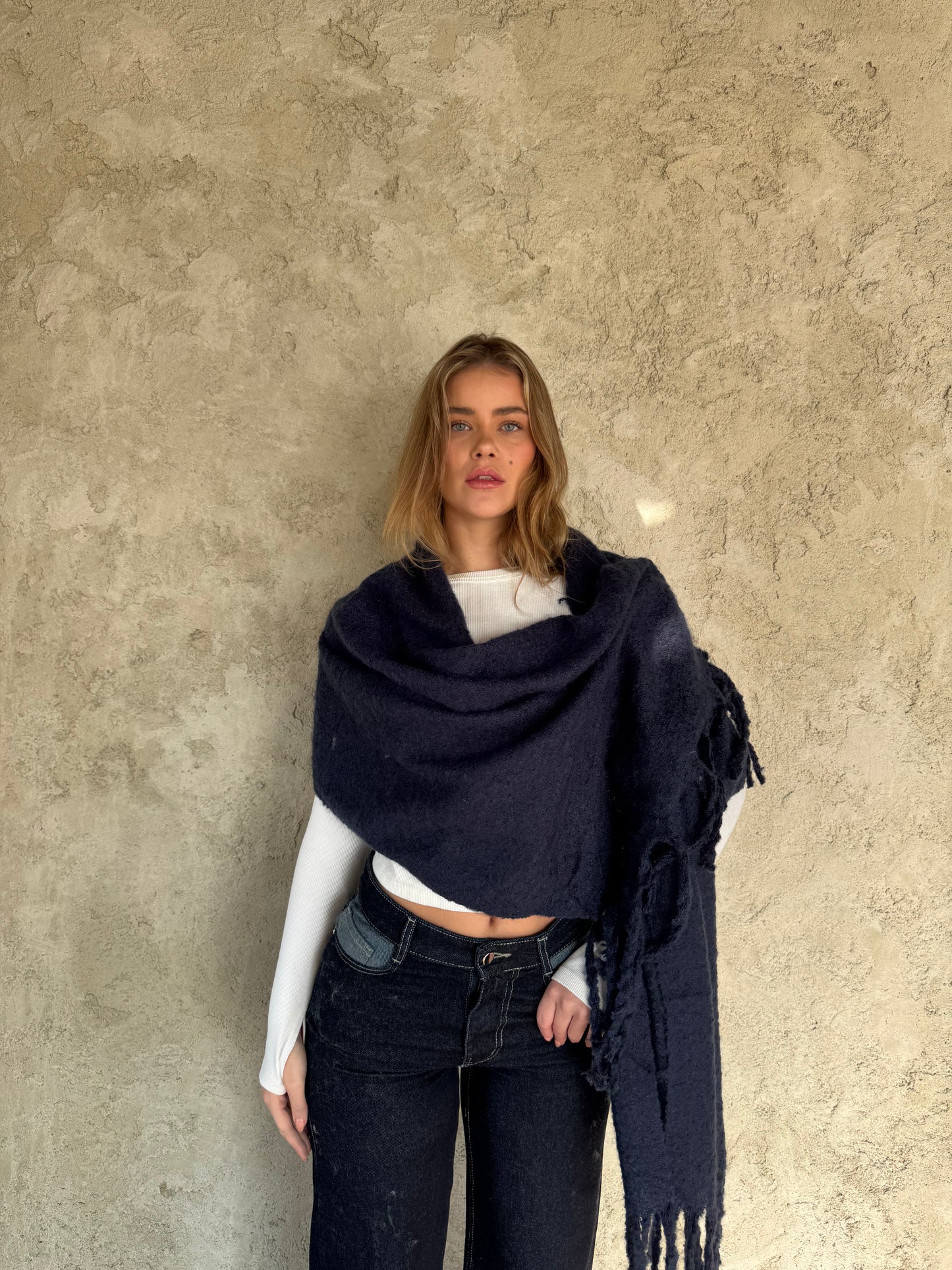 Navy Scarf With Fringes