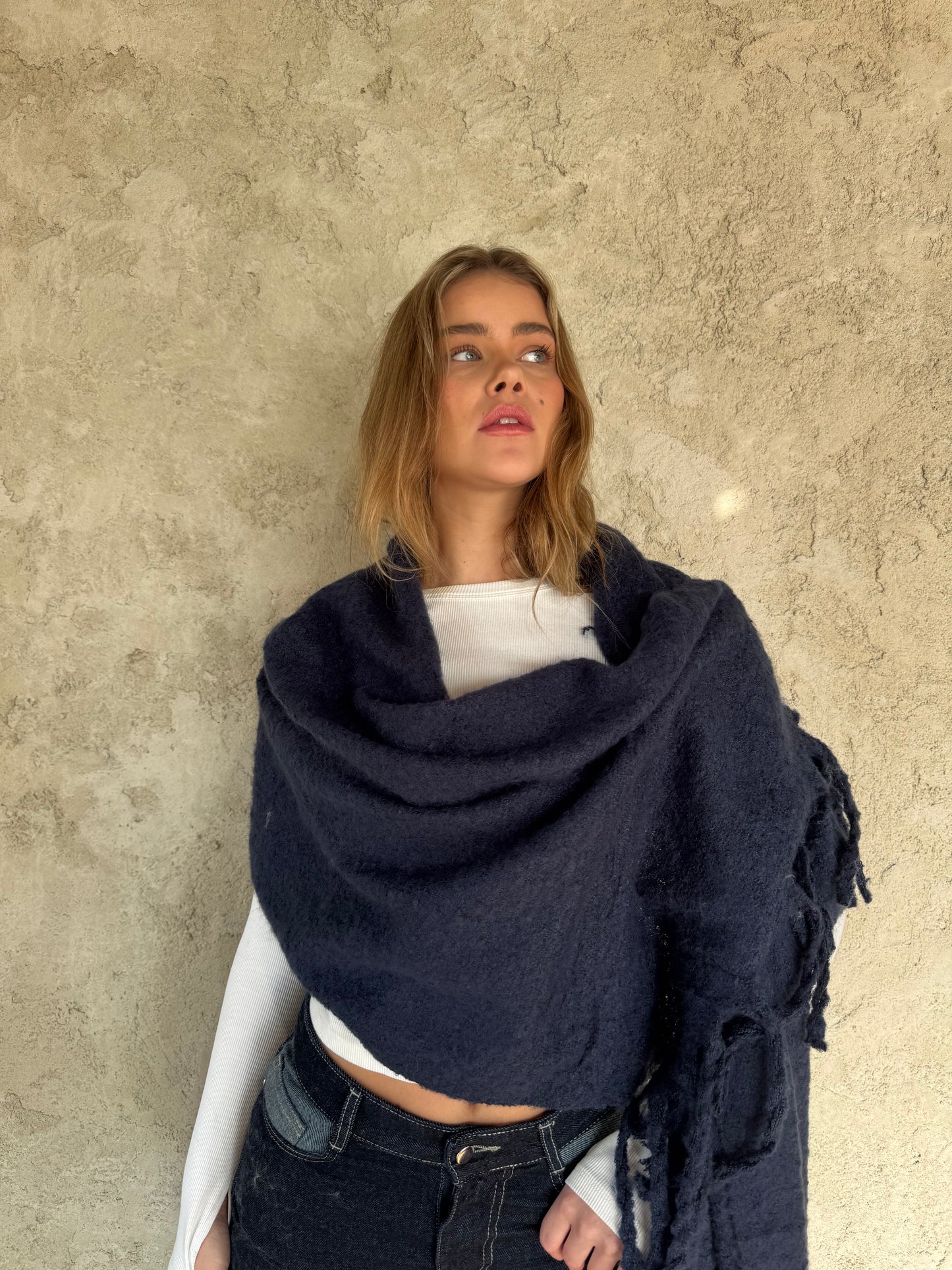 Navy Scarf With Fringes