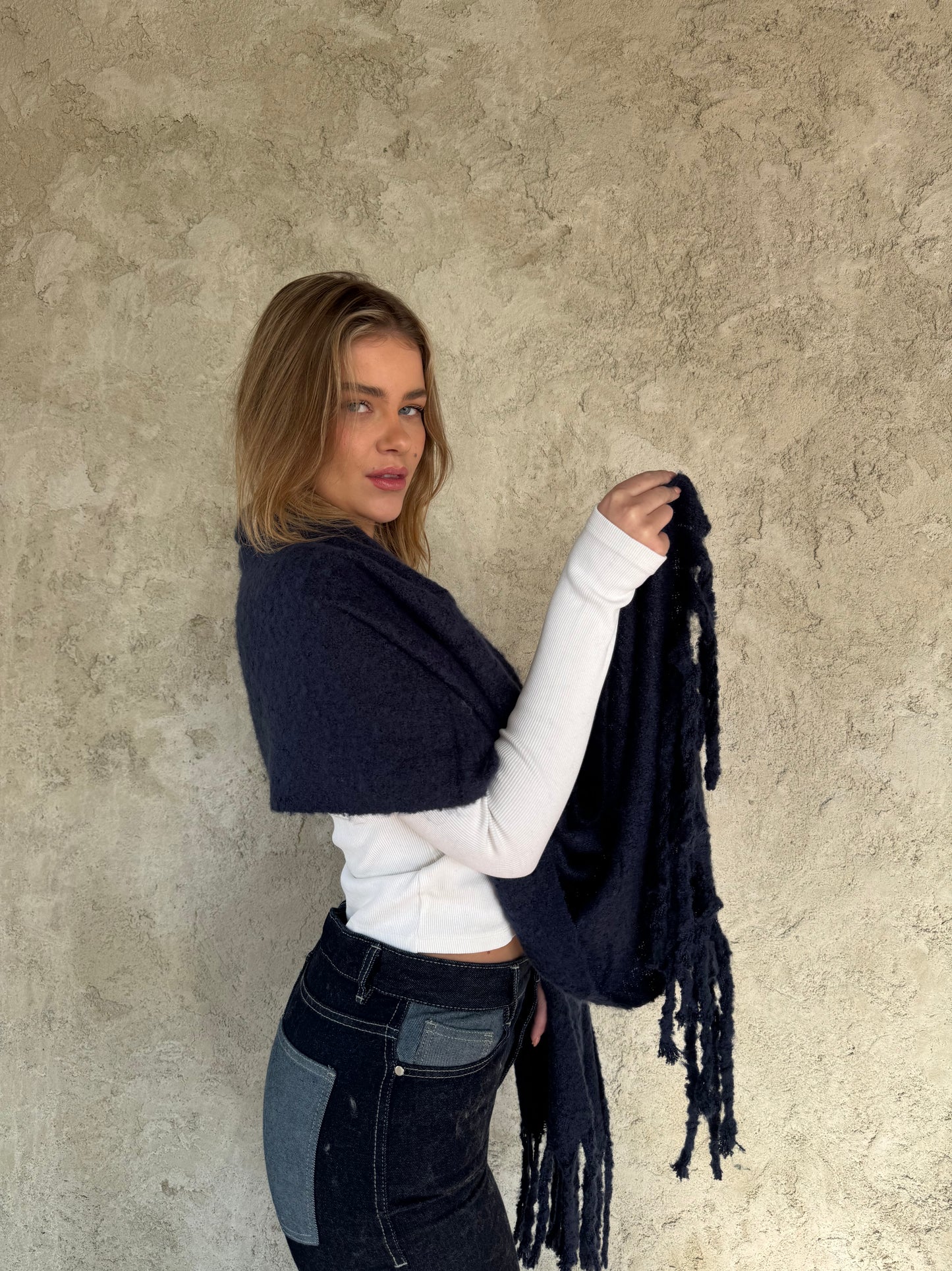 Navy Scarf With Fringes