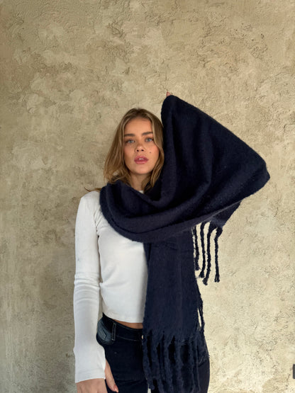Navy Scarf With Fringes