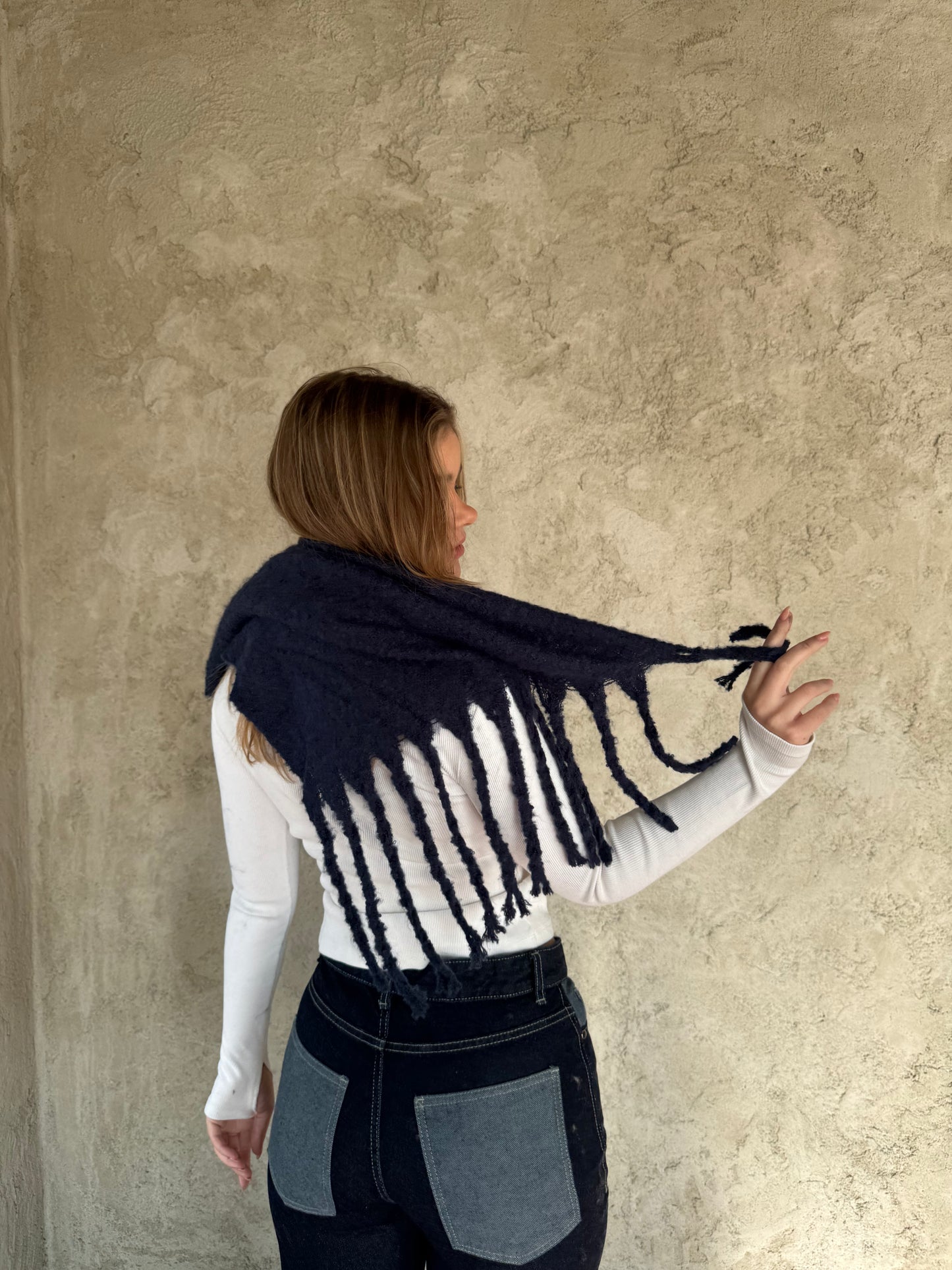 Navy Scarf With Fringes